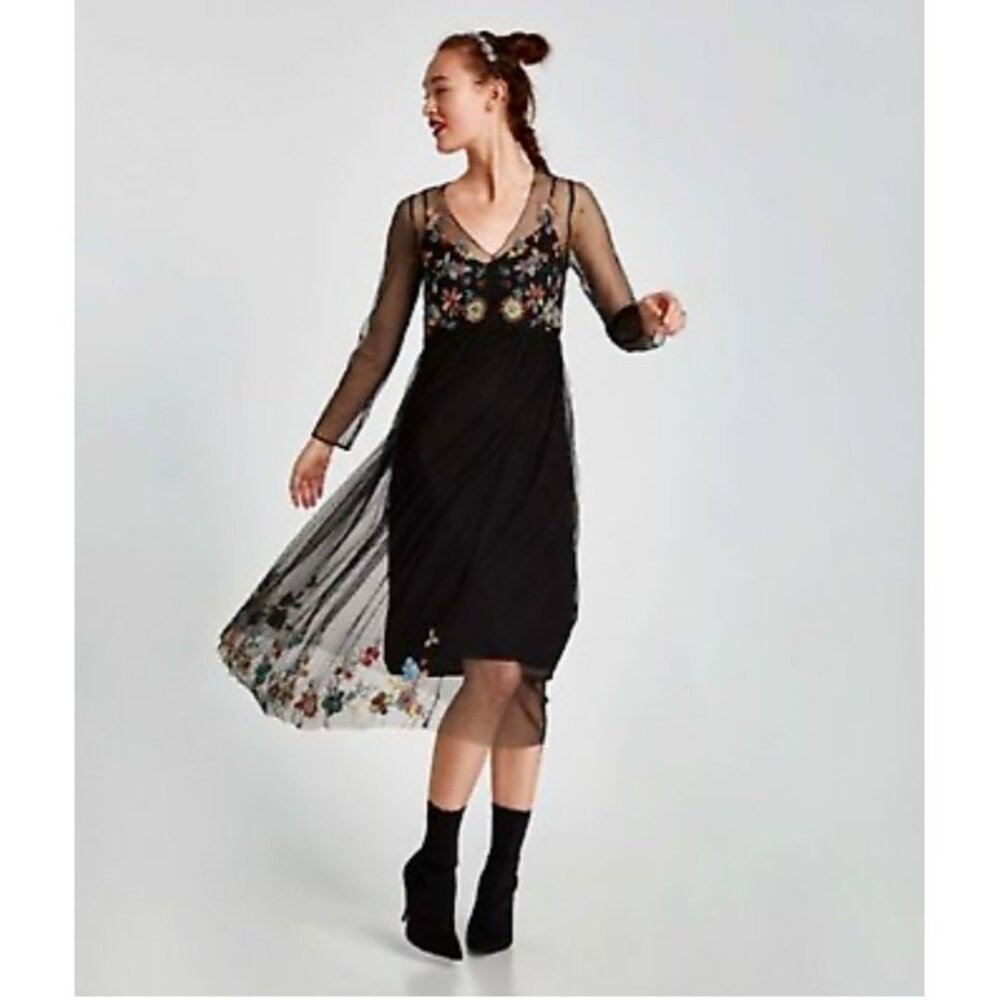 ZARA Floral Beaded Tulle Dress Sequin Mesh Sheer Midi Long Sleeve Plumeti - Picture 14 of 15